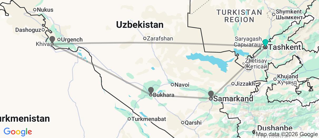 Map with itinerary in Uzbekistan