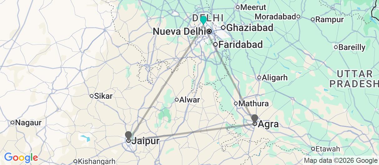 Mapa con el itinerario en India