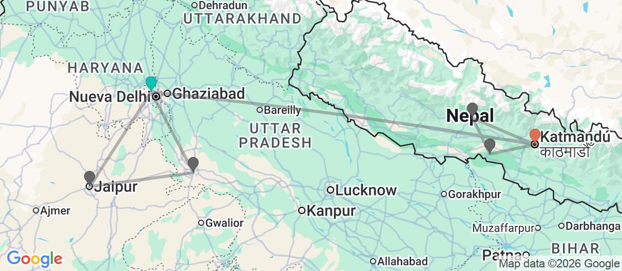 Mapa con el itinerario en India y Nepal