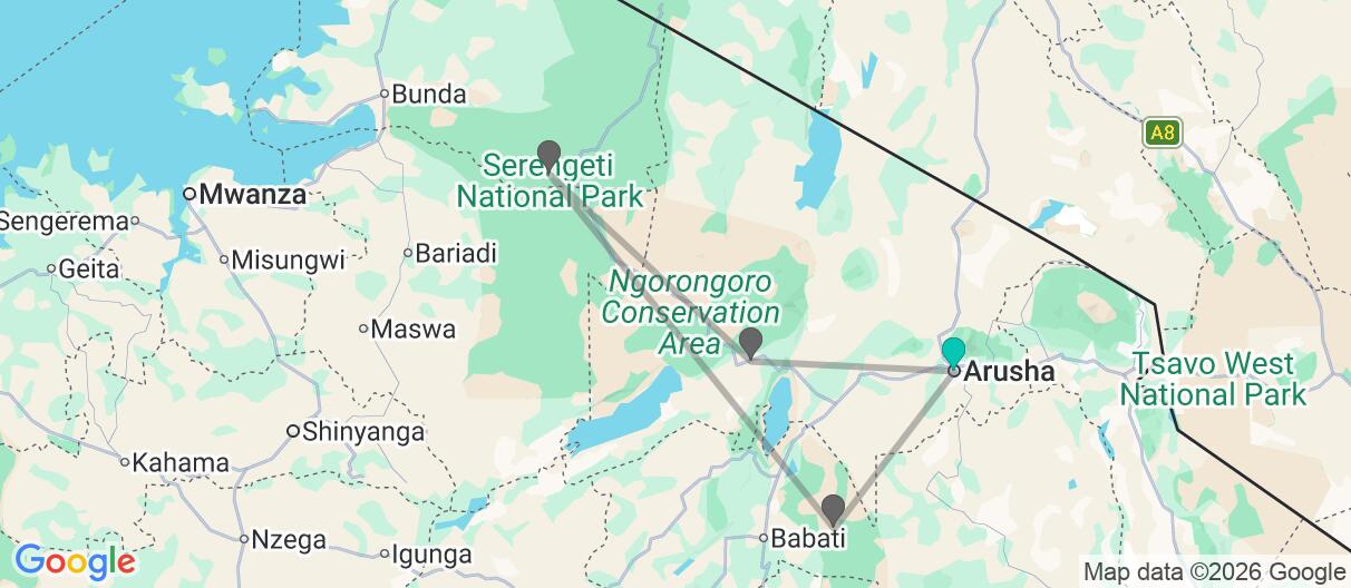 Mapa con el itinerario en Tanzania