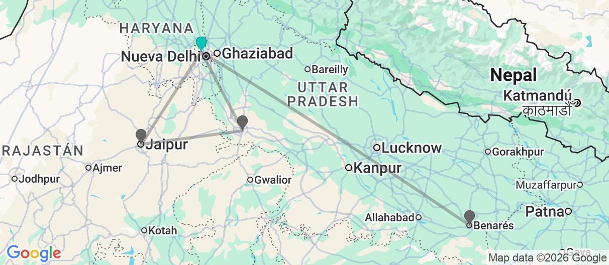 Mapa con el itinerario en India