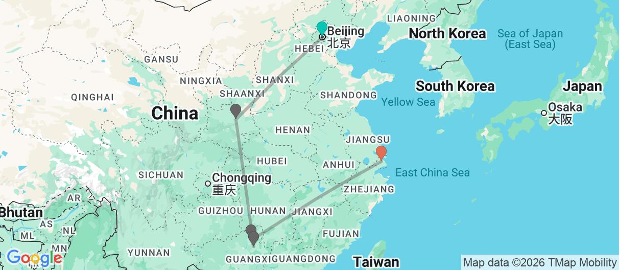Map with itinerary in China