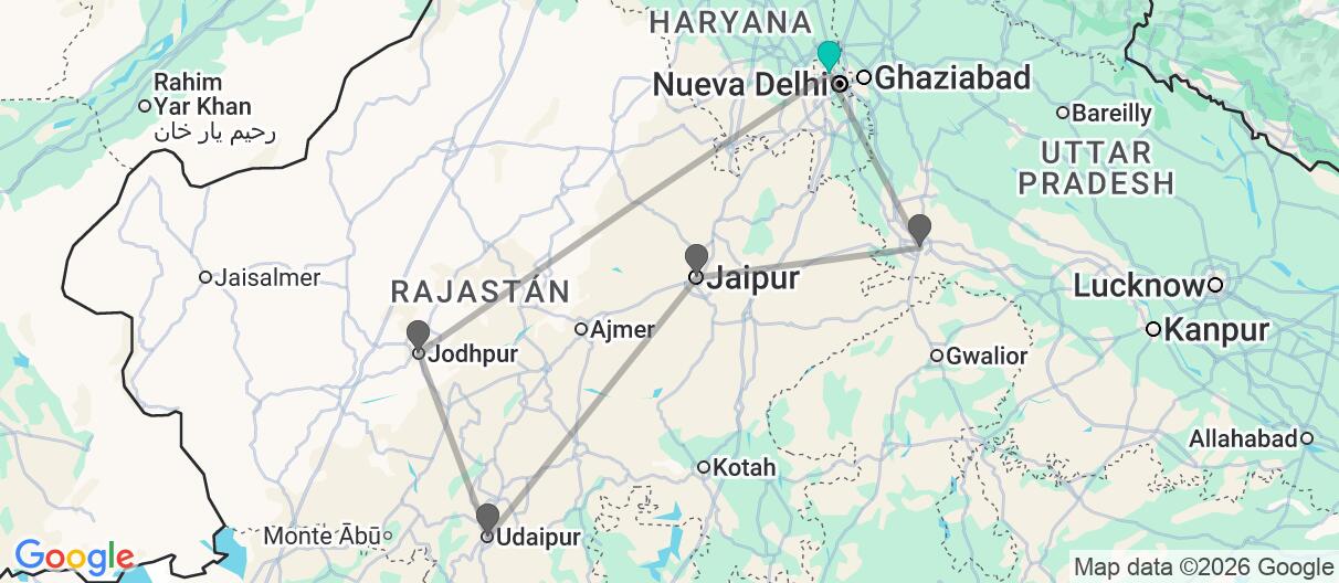 Mapa con el itinerario en India