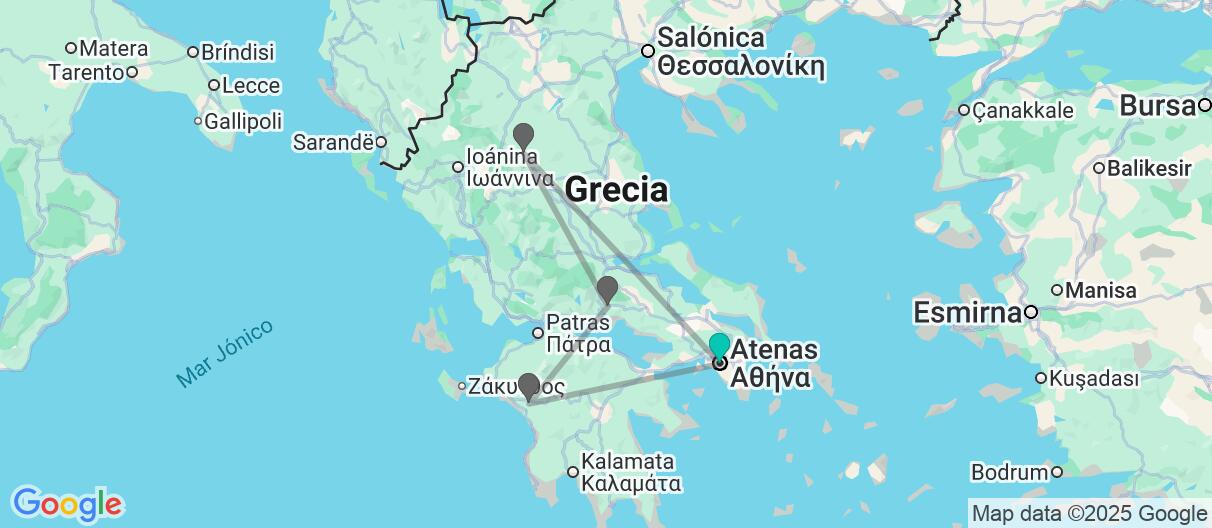 Mapa con el itinerario en Grecia