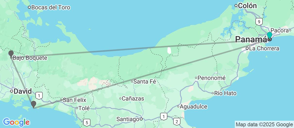 Mapa con el itinerario en Panamá