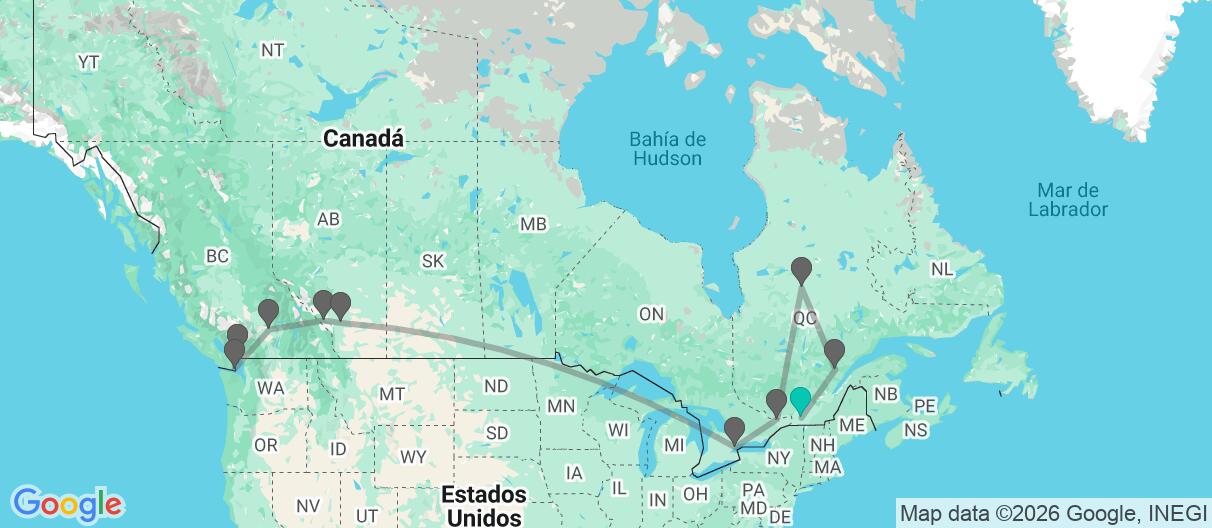 Mapa con el itinerario en Canadá