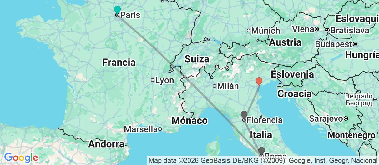 Mapa con el itinerario en Francia e Italia