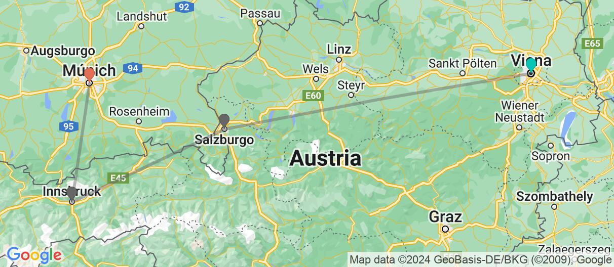 Mapa con el itinerario en Austria y Alemania