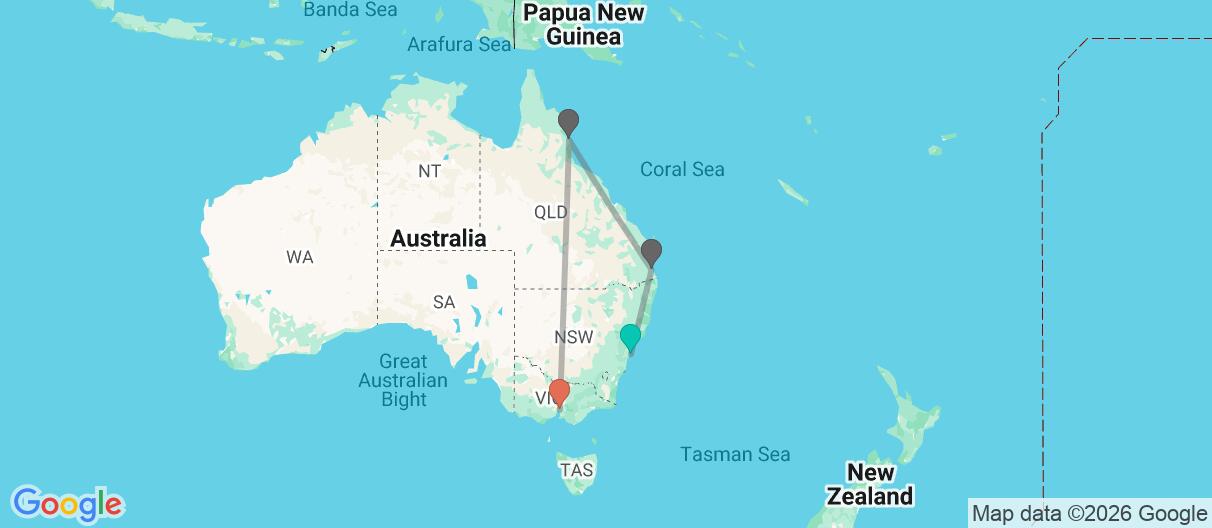 Map with itinerary in Australia