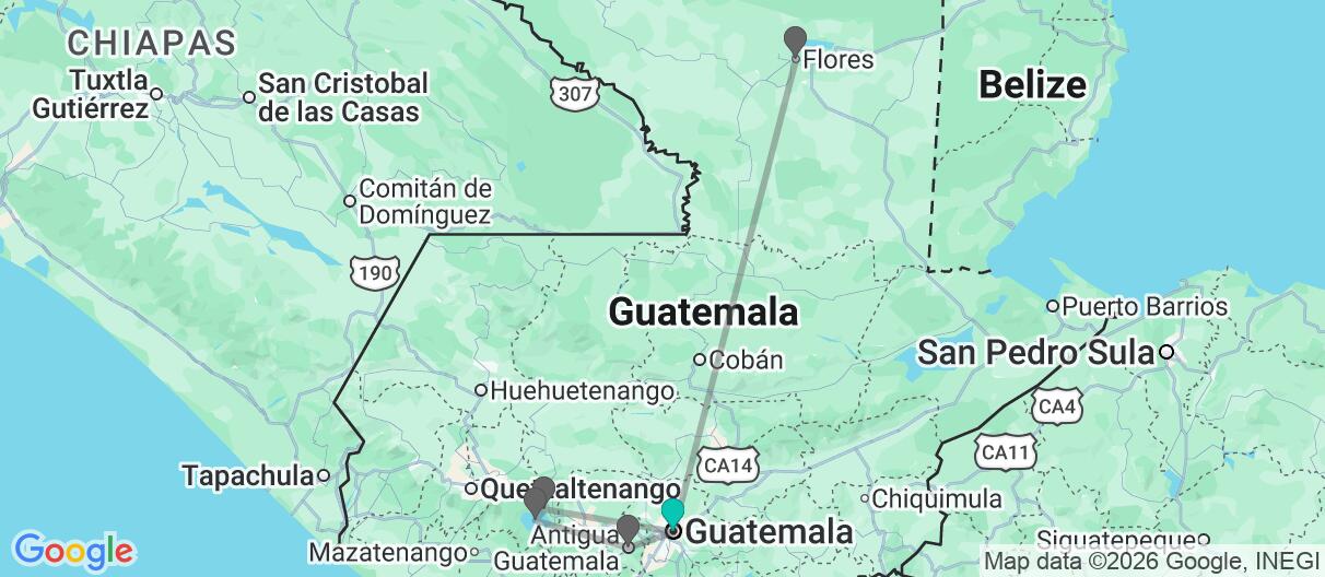 Map with itinerary in Guatemala
