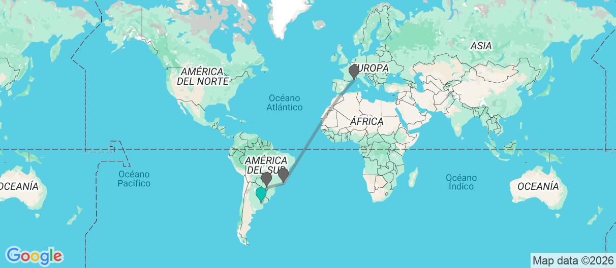 Mapa con el itinerario en Argentina y Brasil