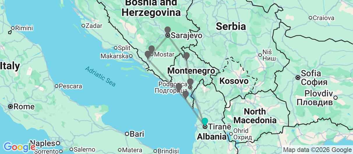 Map with itinerary in Albania, Montenegro, Croatia & Bosnia