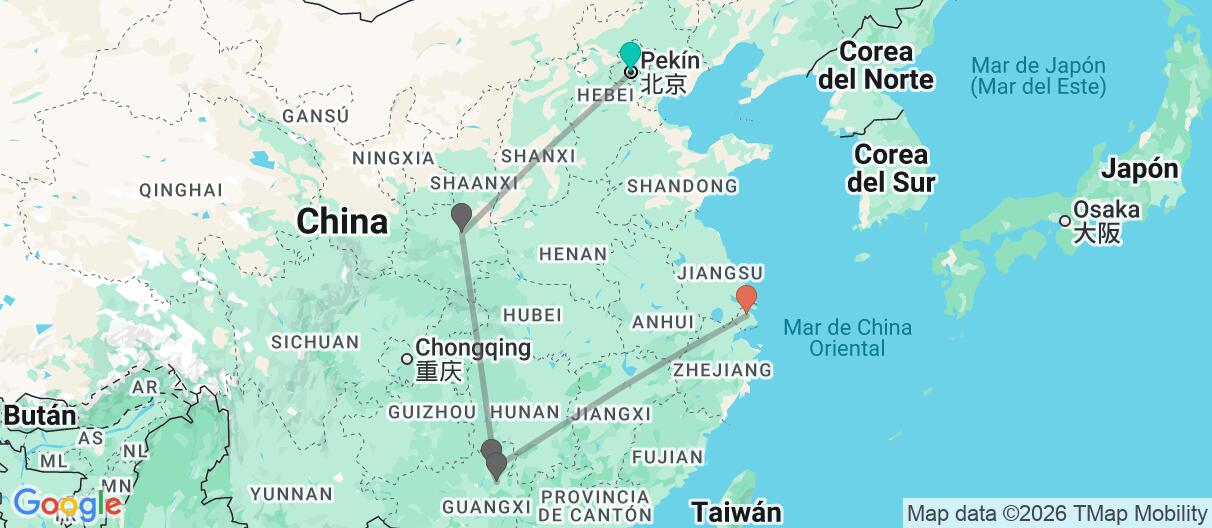Mapa con el itinerario en China