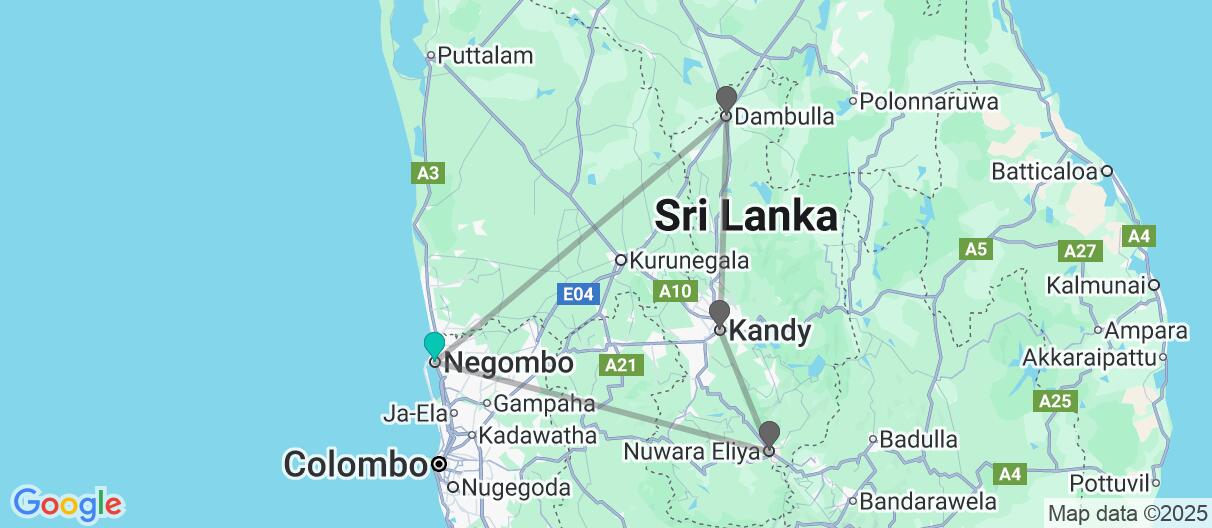Map with itinerary in Sri Lanka