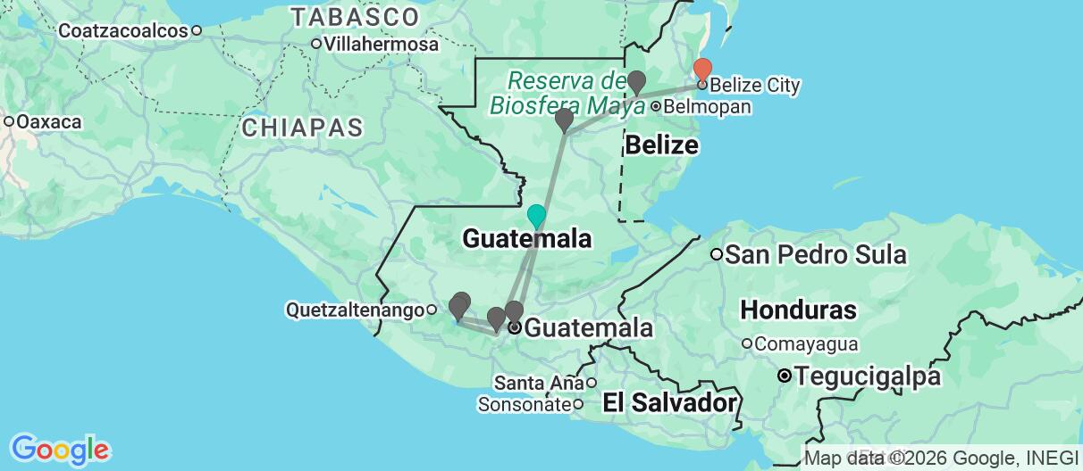 Map with itinerary in Guatemala & Belize