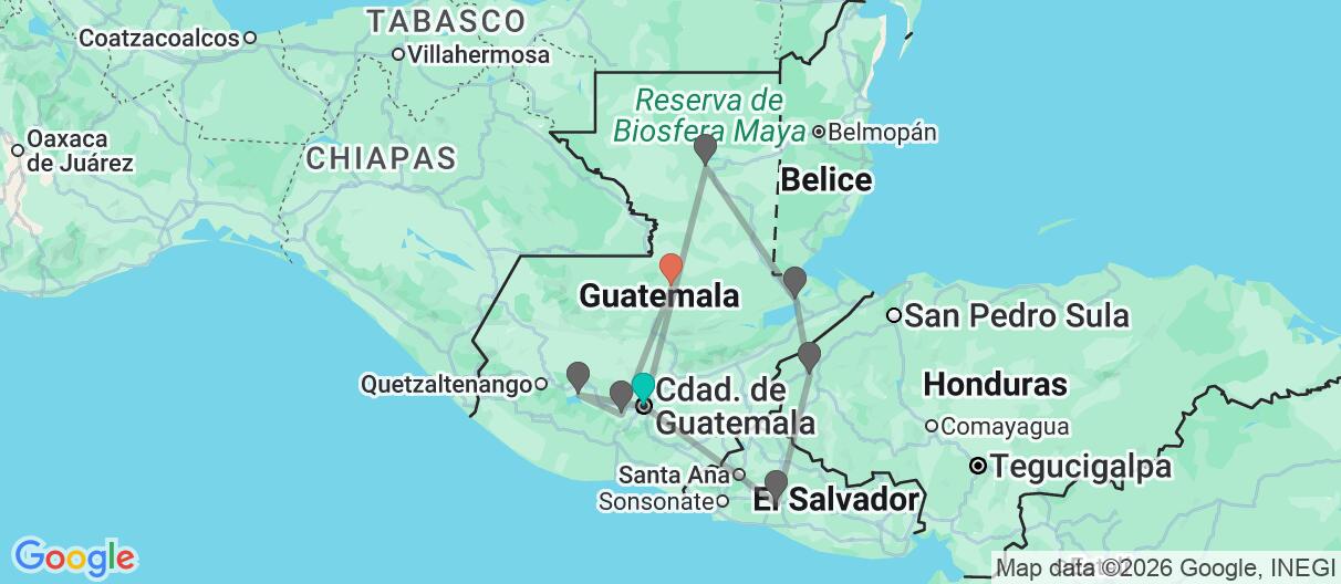 Mapa con el itinerario en Guatemala, El Salvador y Honduras