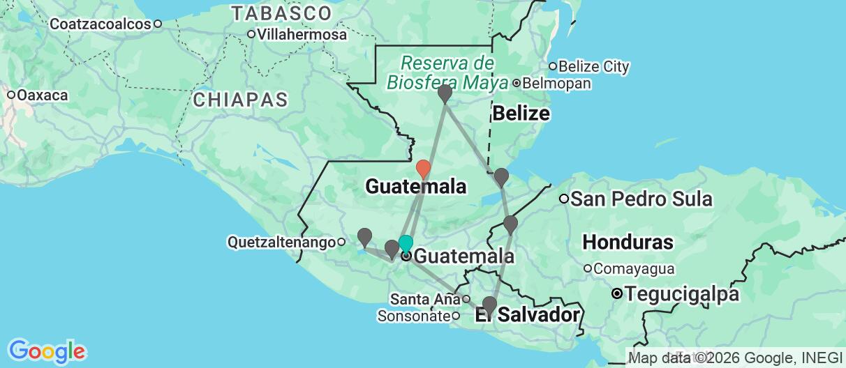 Map with itinerary in Guatemala, El Salvador & Honduras