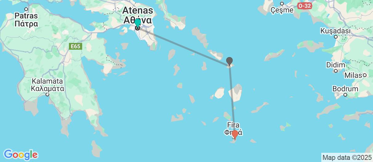 Mapa con el itinerario en Grecia