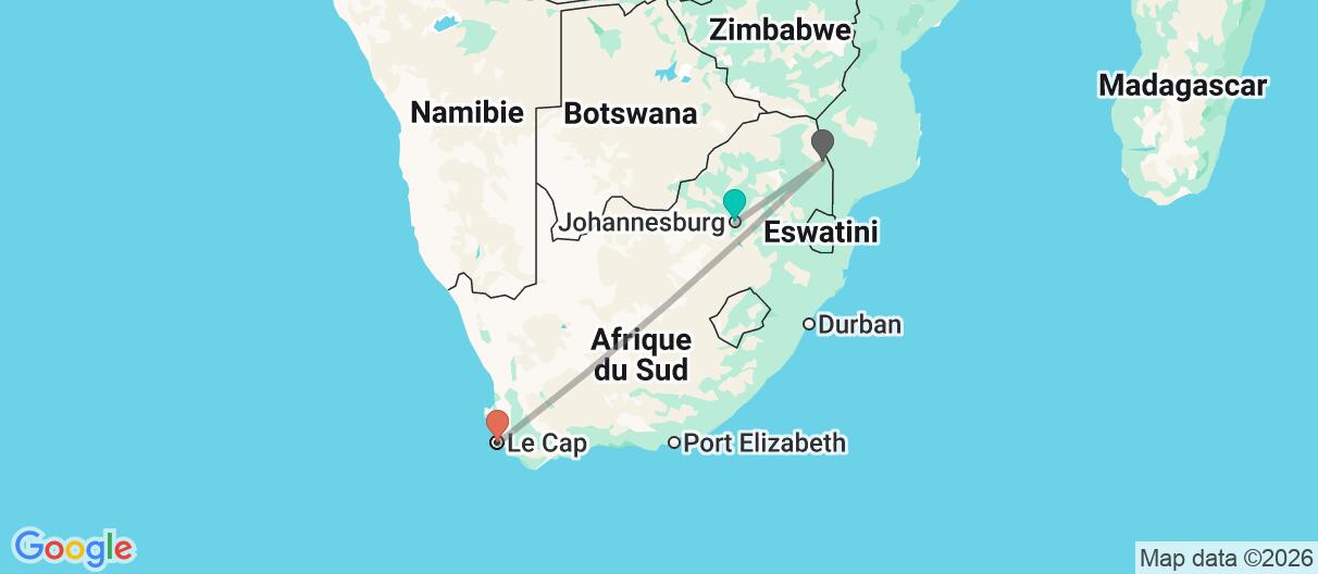 Carte avec l'itinéraire en/aux Afrique du Sud
