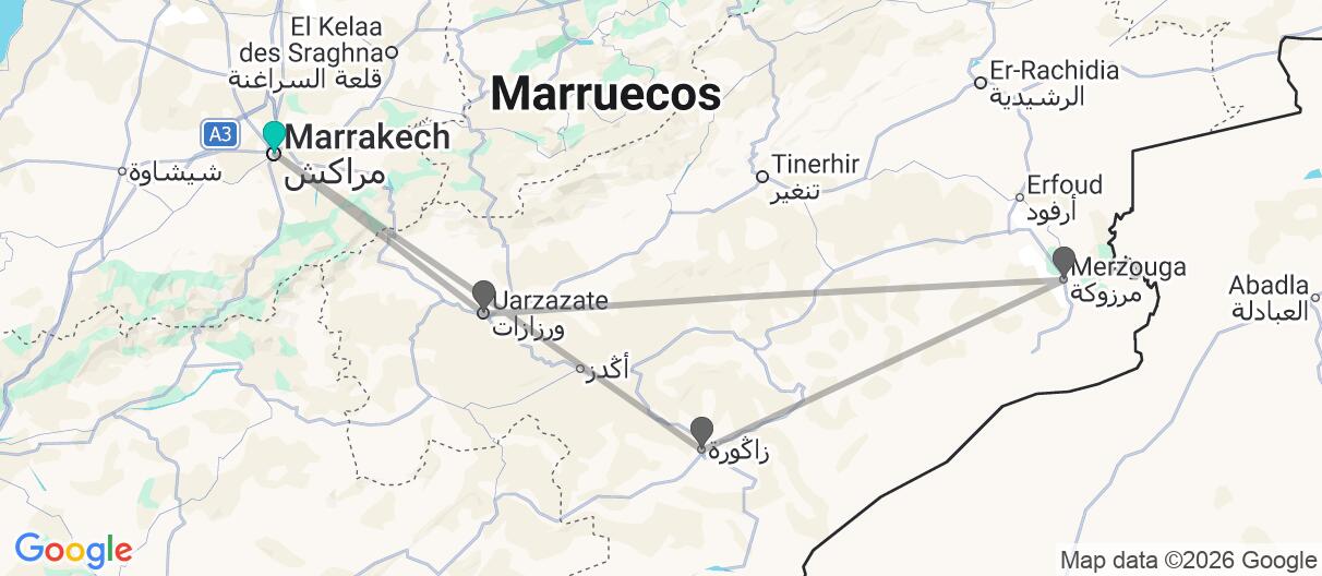 Mapa con el itinerario en Marruecos