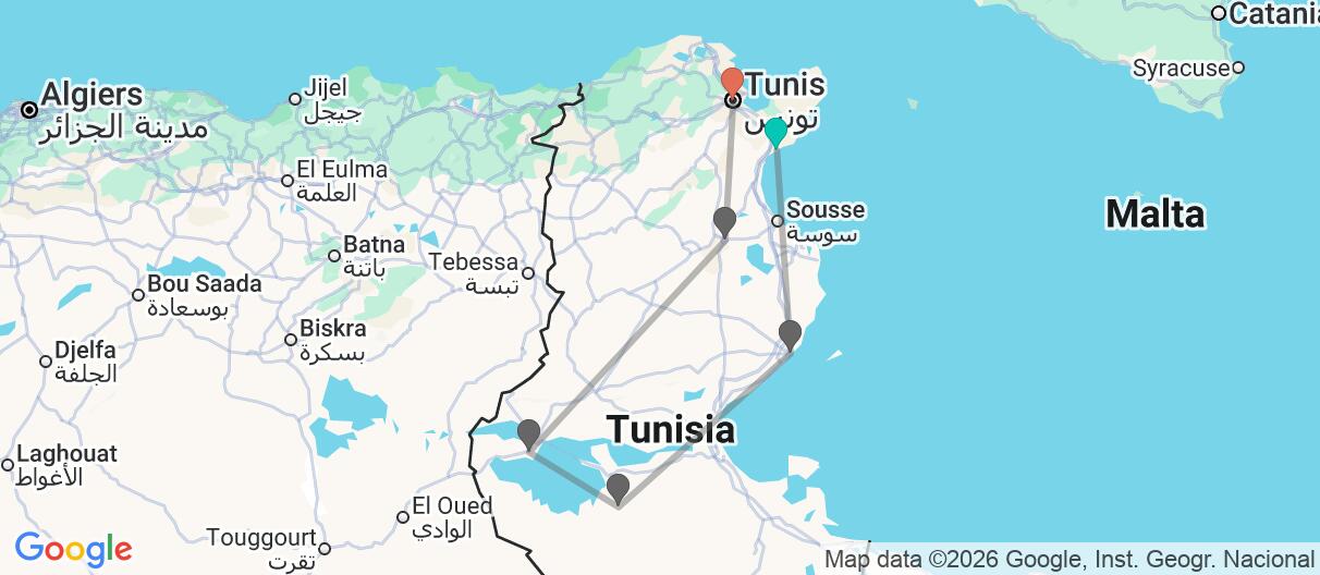 Map with itinerary in Tunisia