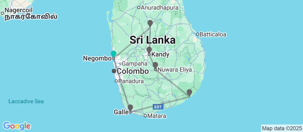 Map with itinerary in Sri Lanka