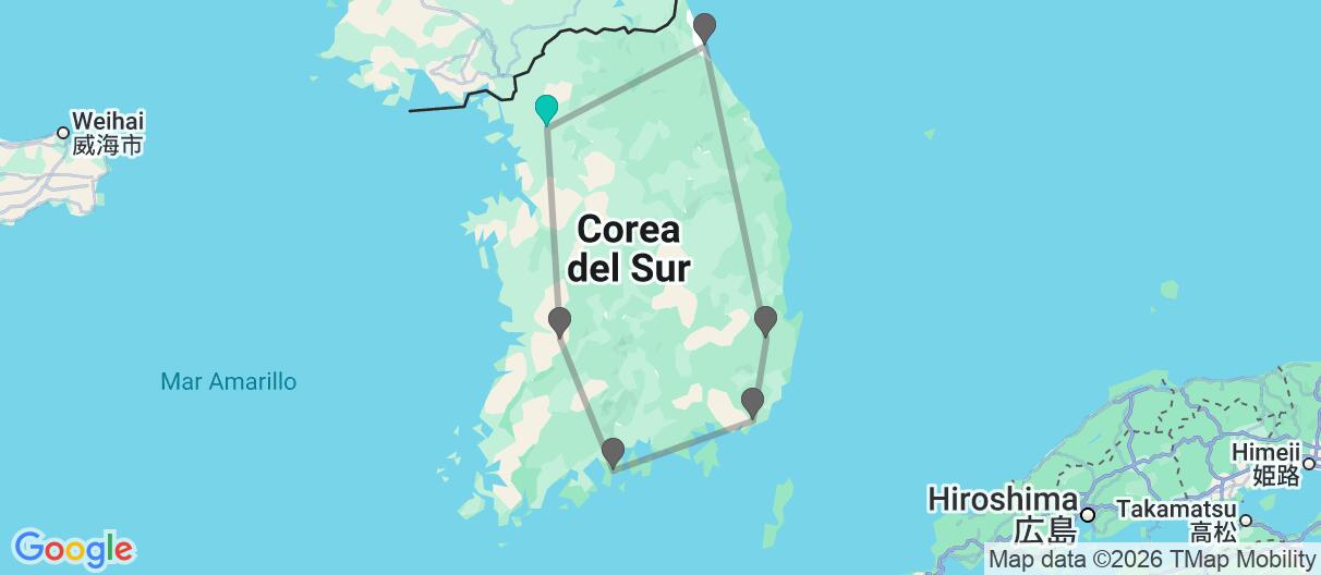 Mapa con el itinerario en Corea del sur