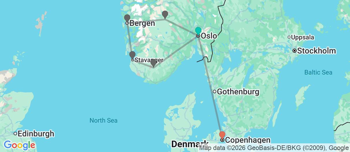 Map with itinerary in Norway & Denmark