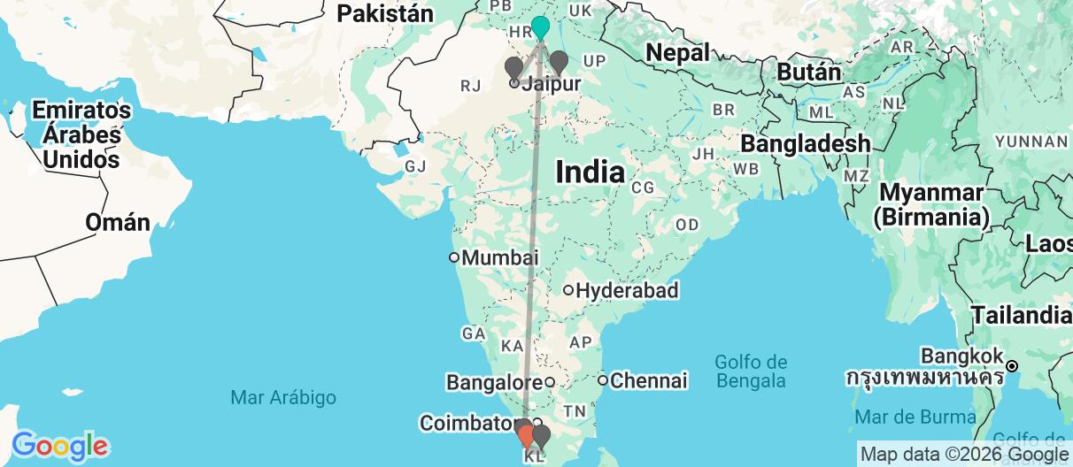Mapa con el itinerario en India