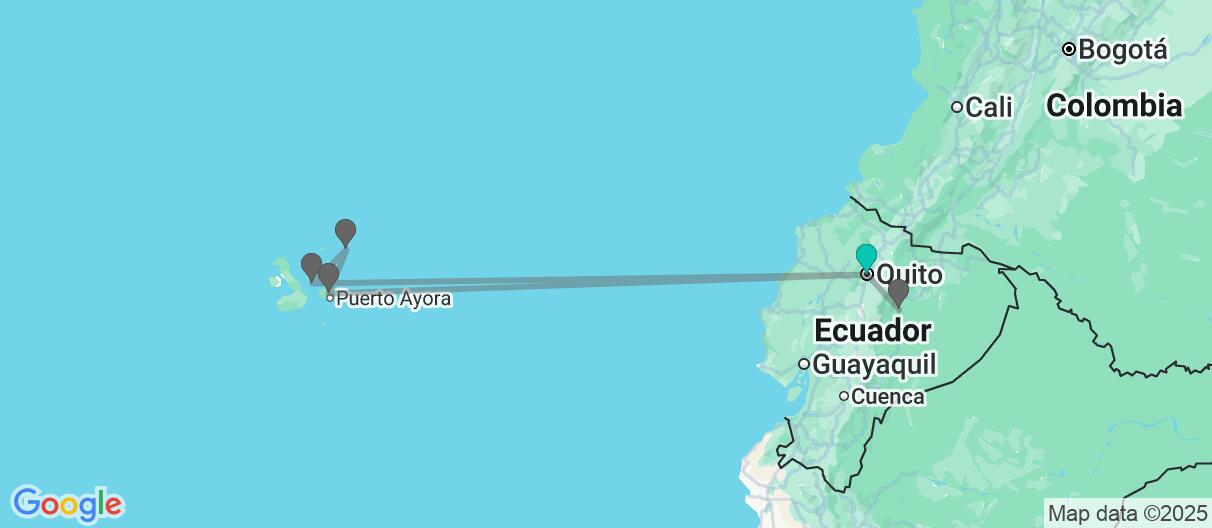 Map with itinerary in Ecuador