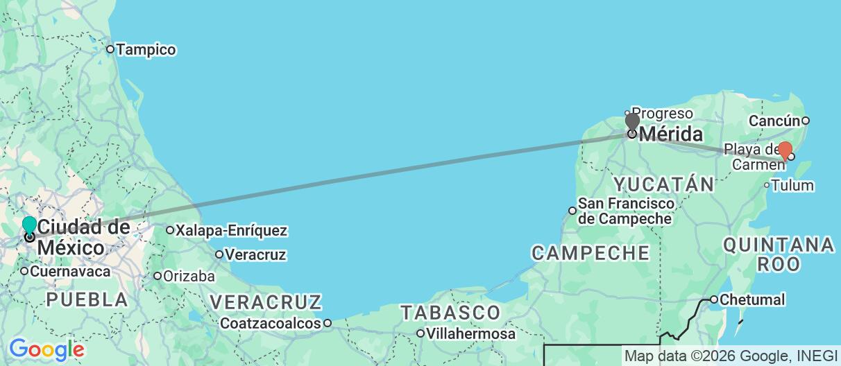 Mapa con el itinerario en México
