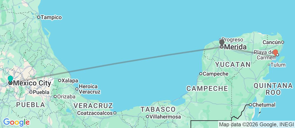 Map with itinerary in Mexico