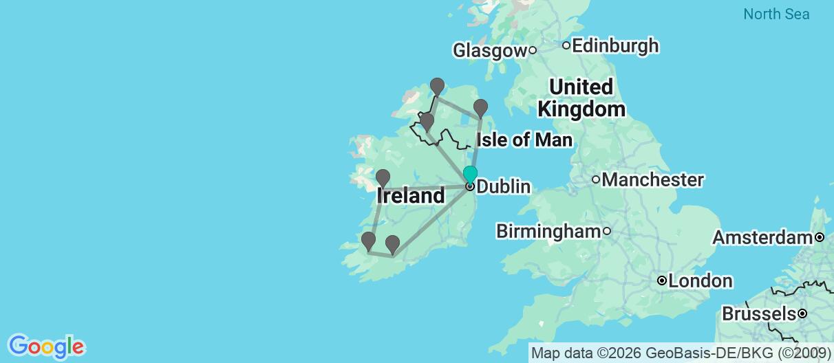 Map with itinerary in Ireland and Northern Ireland