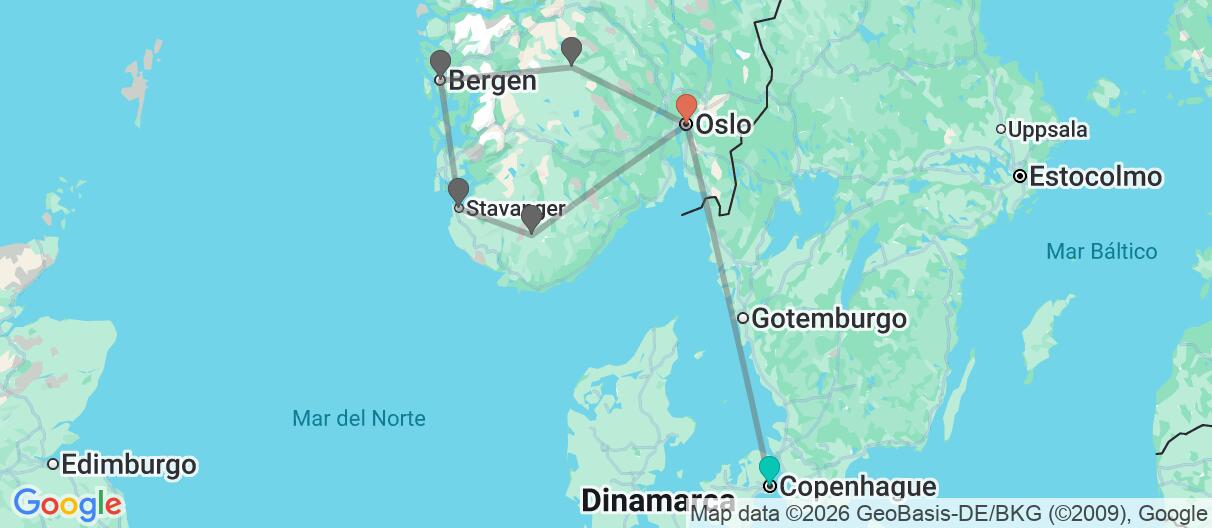 Mapa con el itinerario en Copenhague & Noruega