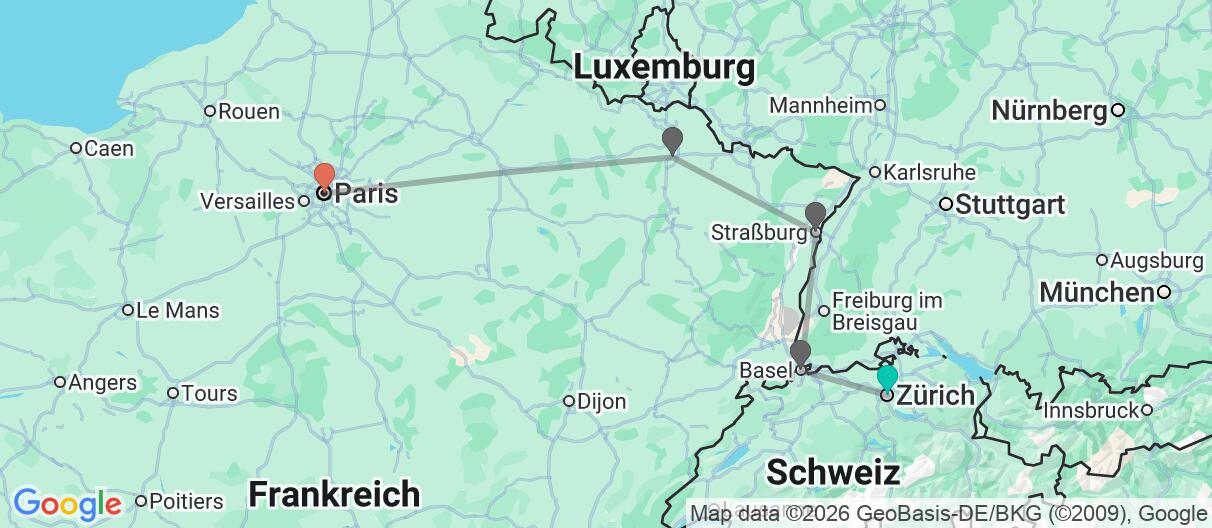 Karte mit Reiseroute in Schweiz, Deutschland & Frankreich