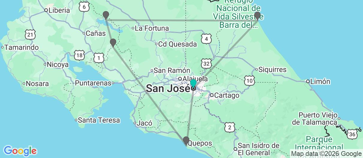 Mapa con el itinerario en Costa Rica