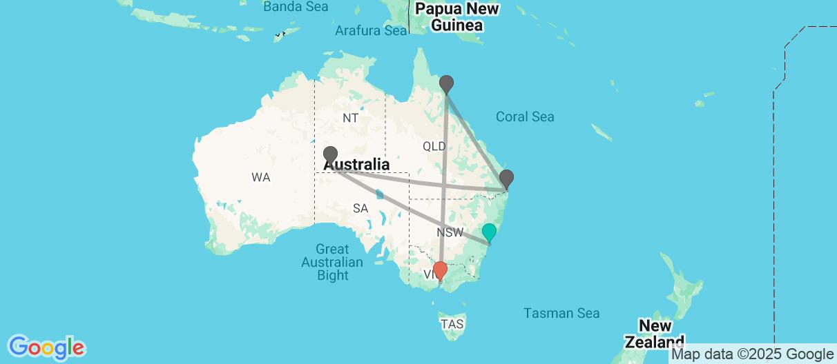Carte avec l'itinéraire en/aux Australie