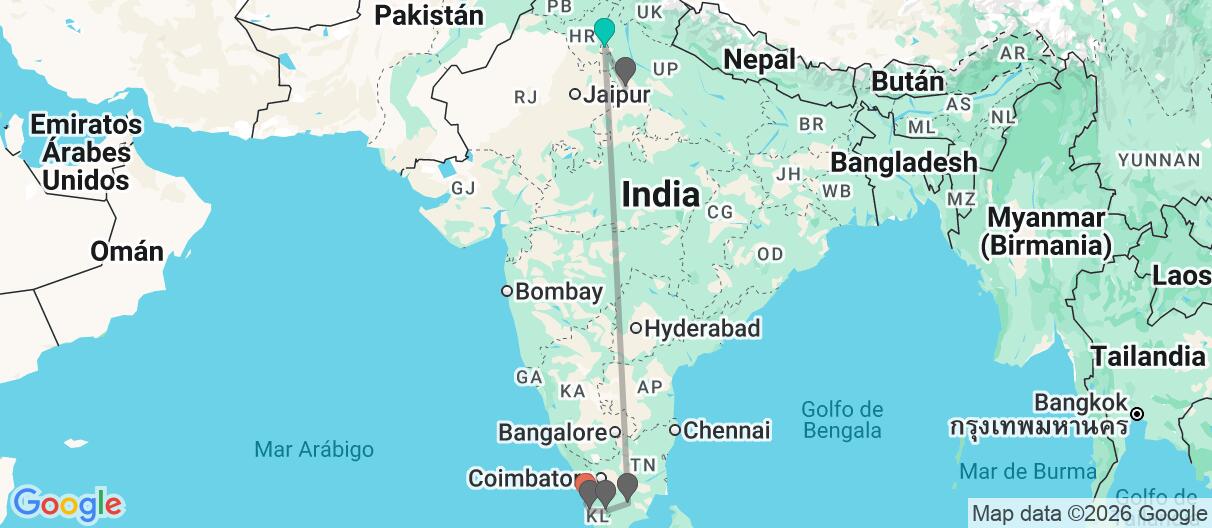 Mapa con el itinerario en India 