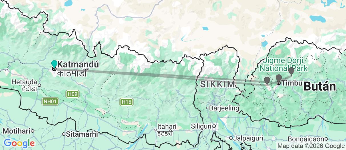 Mapa con el itinerario en Nepal y Bután