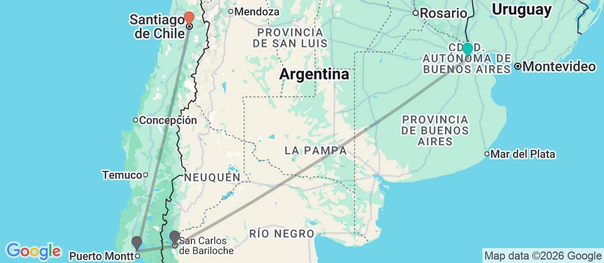 Mapa con el itinerario en Argentina y Chile