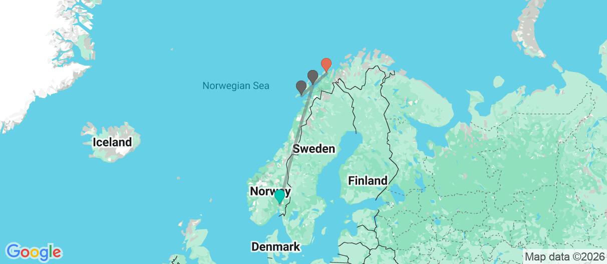 Map with itinerary in Norway