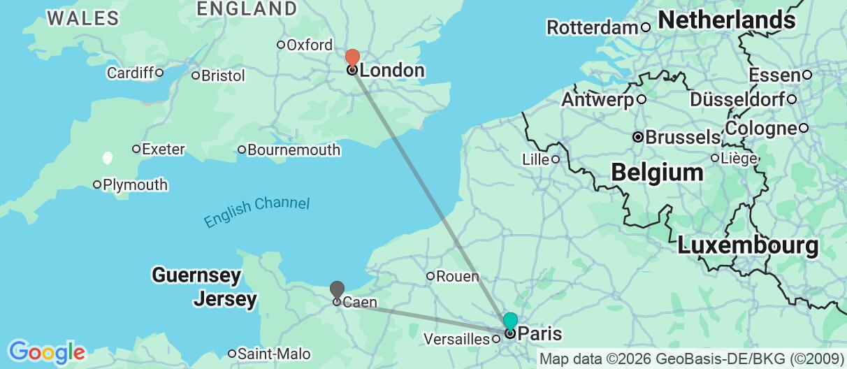 Map with itinerary in France and England