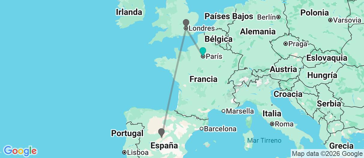 Mapa con el itinerario en Francia, Inglaterra & España