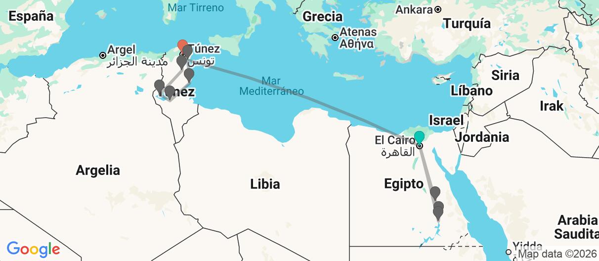 Mapa con el itinerario en Egipto y Túnez