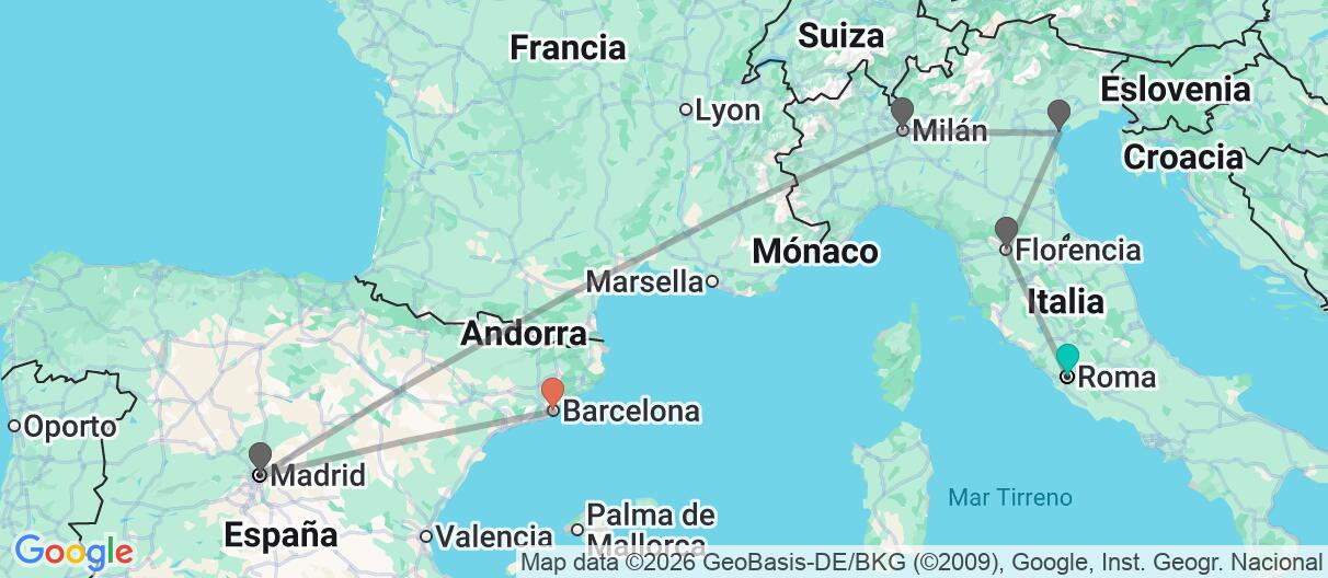 Mapa con el itinerario en Italia y España