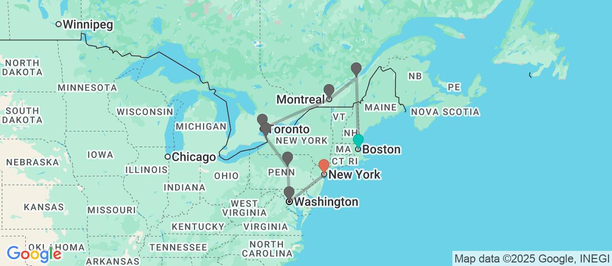 Map with itinerary in United States & Canada