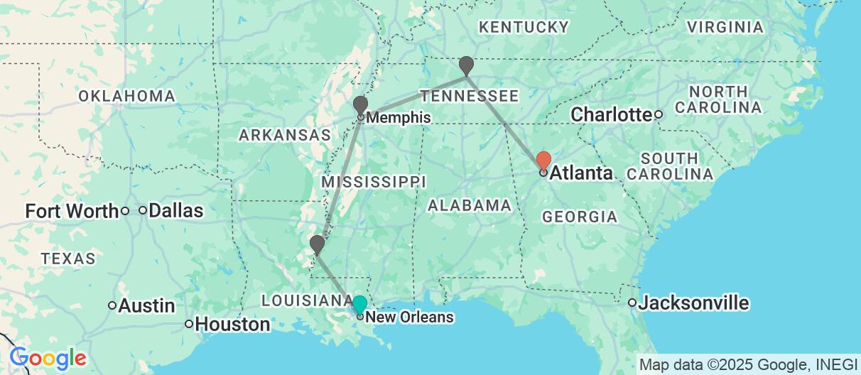Map with itinerary in United States