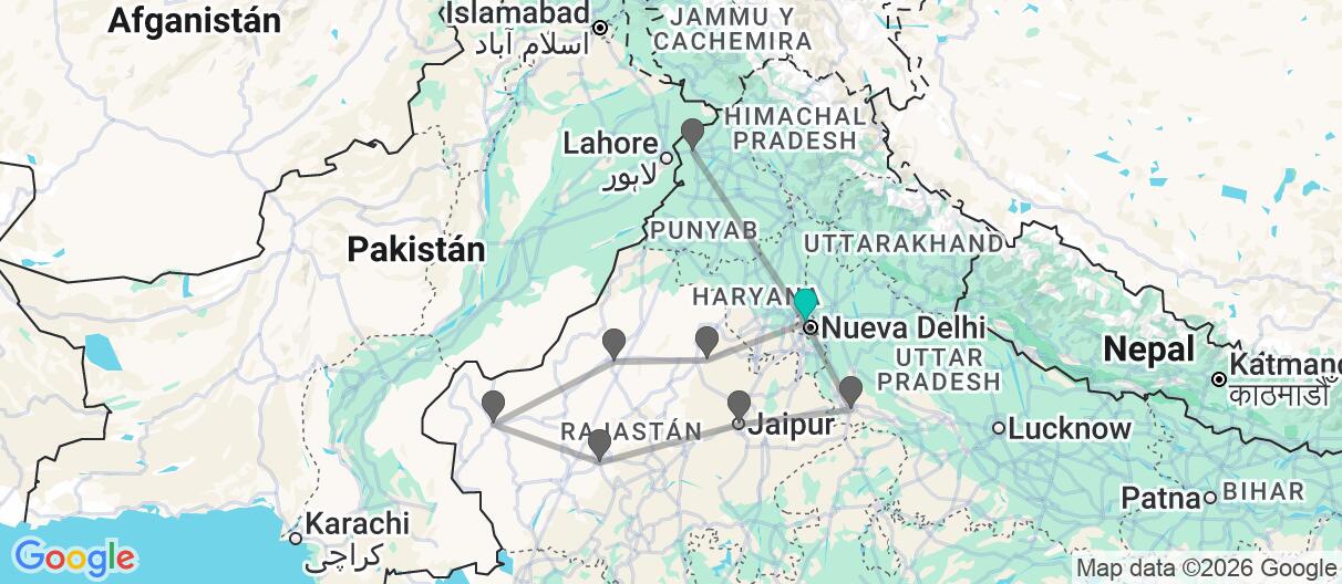 Mapa con el itinerario en India