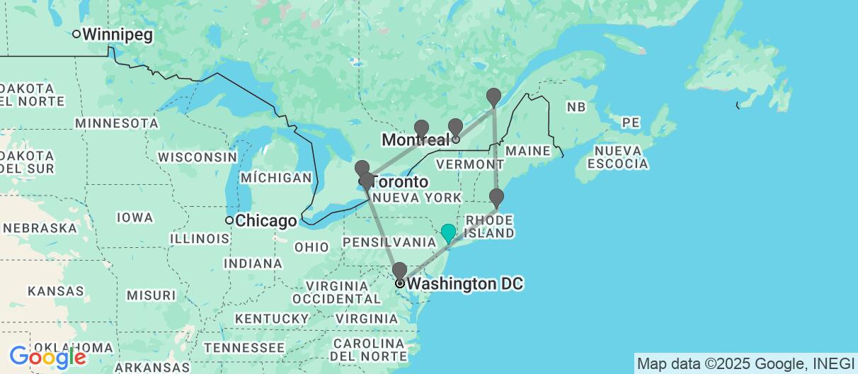 Mapa con el itinerario en Canada y Estados Unidos