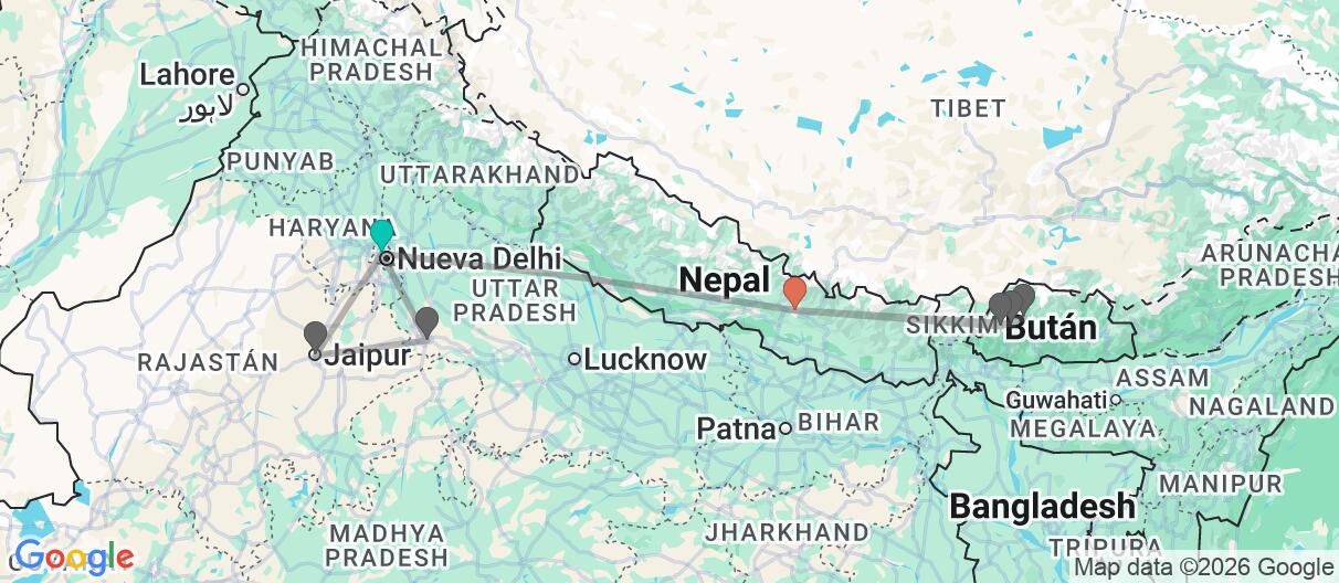 Mapa con el itinerario en India, Nepal y Butan